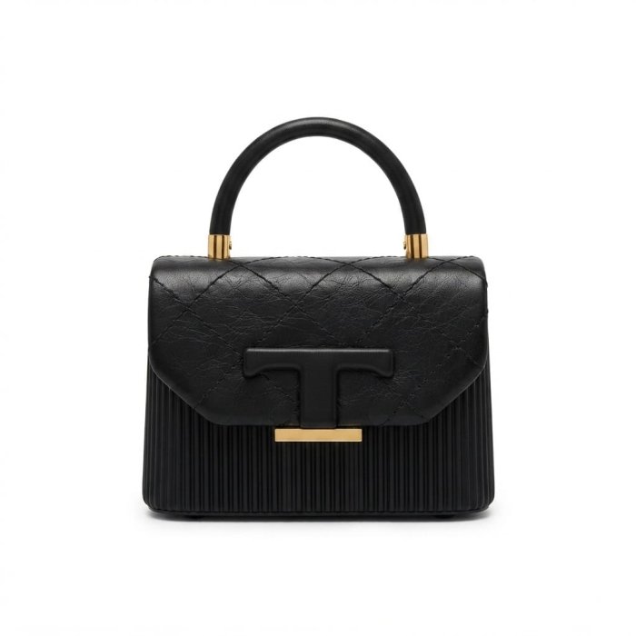 Black Quilted and Ribbed Mini Handbag with T-Clasp