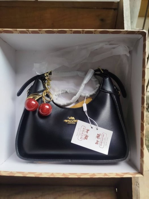 COACH Black Leather Cherry Charm Hobo Bag