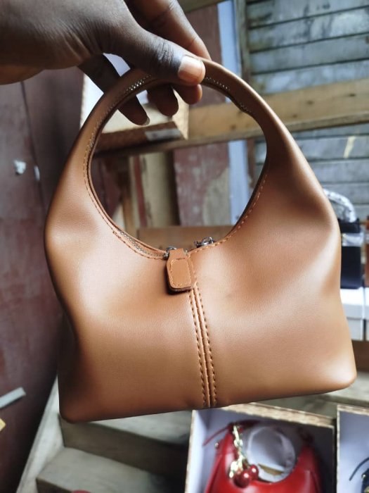 Tan Leather Structured Hobo Bag with Top Handle