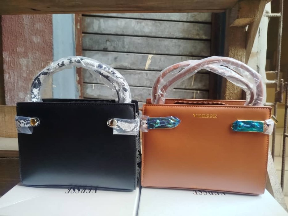 VERSSE Tan Leather Top Handle Bag with Blue Gem Detail