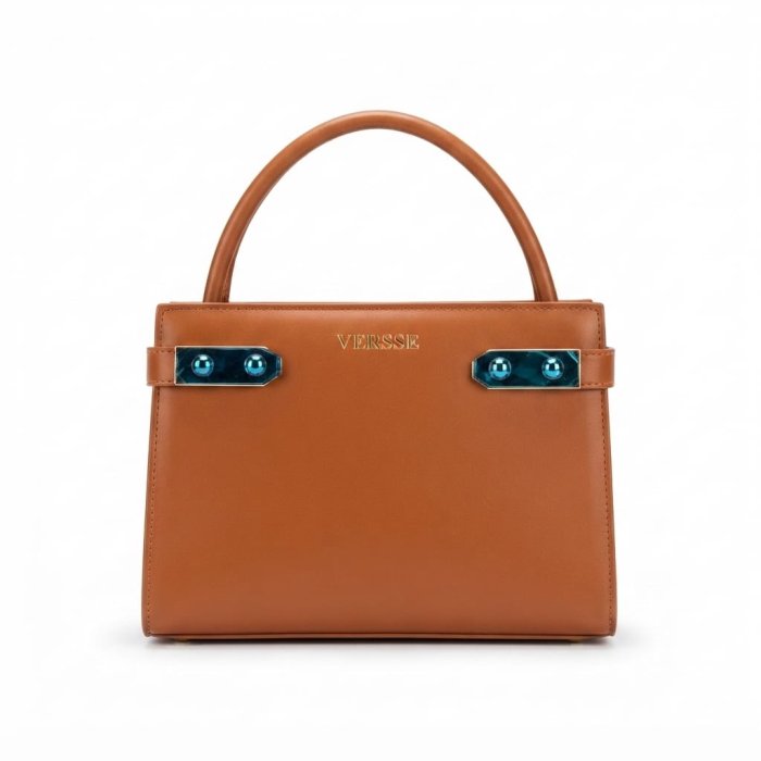 VERSSE Tan Leather Top Handle Bag with Blue Gem Detail