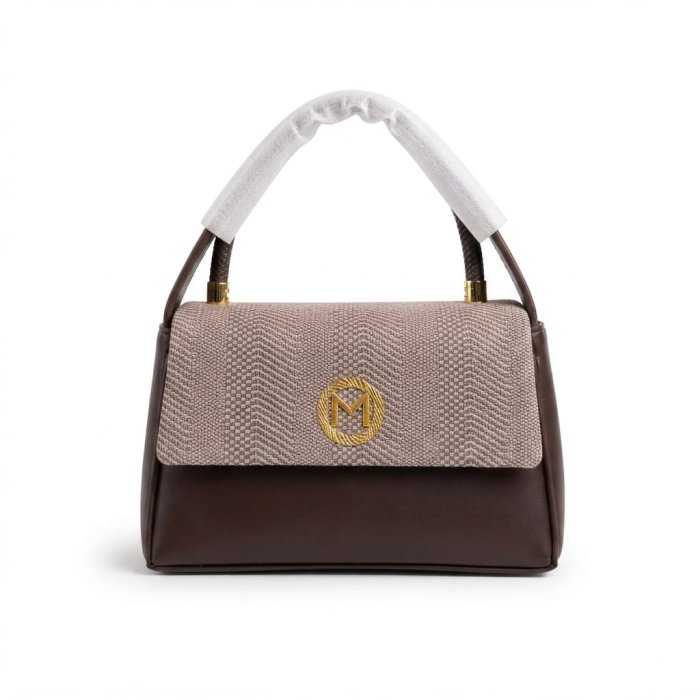 Two-Tone Structured Handbag with Gold Logo and Protective Wrap