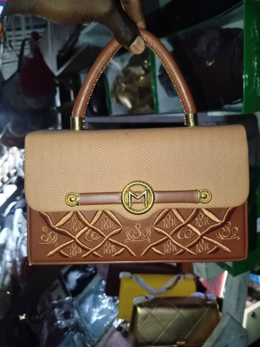 Two-Tone Structured Top Handle Bag with Gold 'M' Logo
