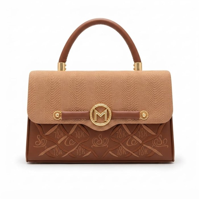 Two-Tone Structured Top Handle Bag with Gold 'M' Logo