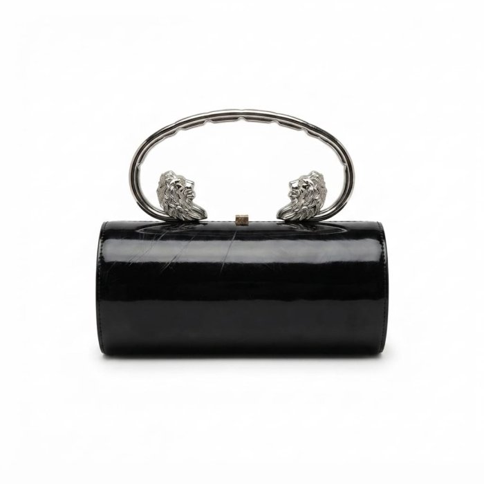 Black Patent Cylindrical Handbag with Lion Head Handles