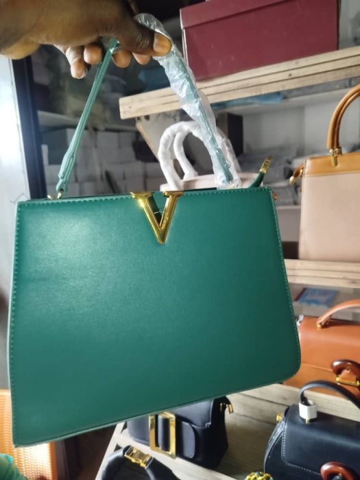 Structured Green Top Handle Bag with Gold 'V' Logo