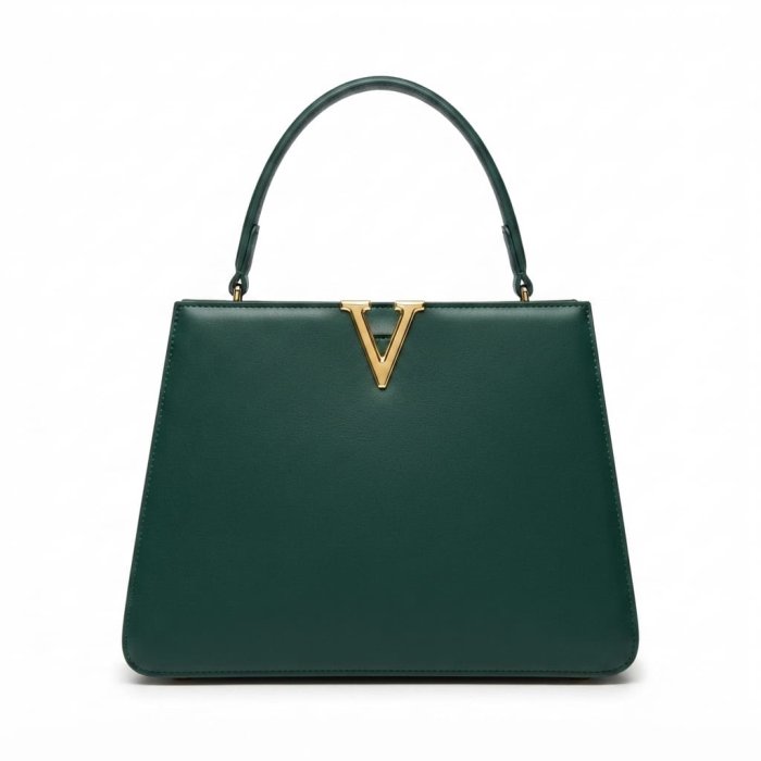 Structured Green Top Handle Bag with Gold 'V' Logo