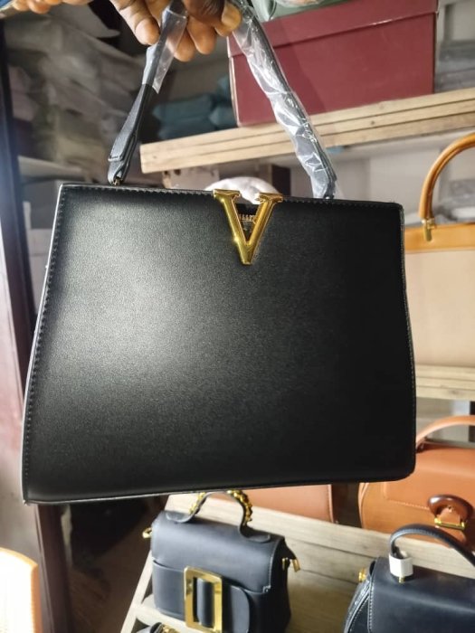 Structured Black Top Handle Bag with Gold 'V' Logo