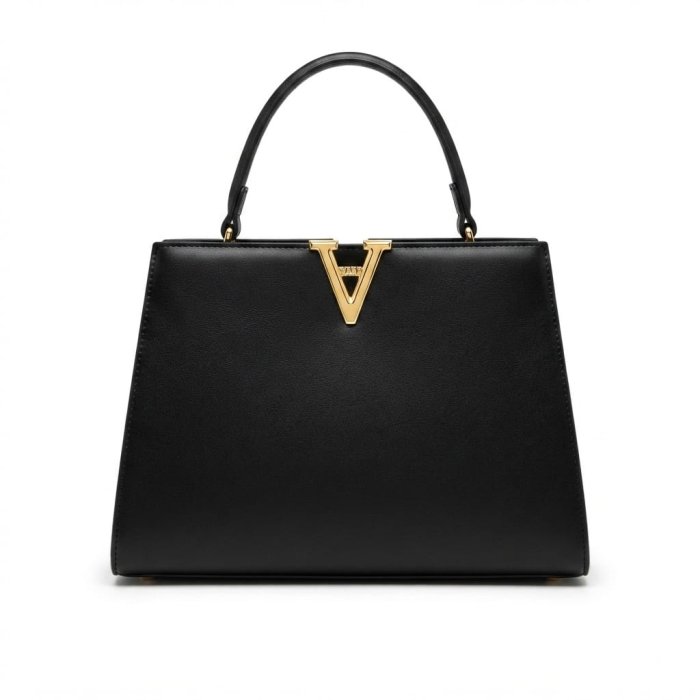 Structured Black Top Handle Bag with Gold 'V' Logo