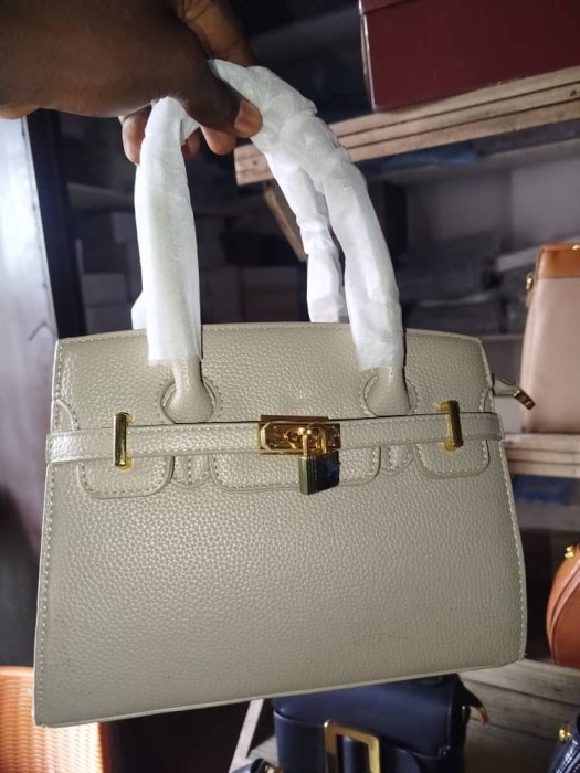 Beige Pebble-Grain Leather Structured Handbag with Gold Hardware