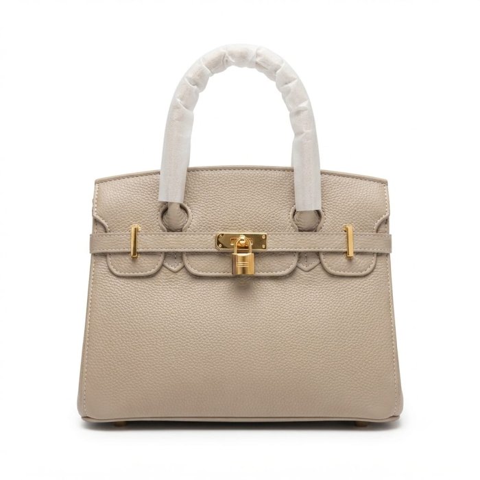 Beige Pebble-Grain Leather Structured Handbag with Gold Hardware