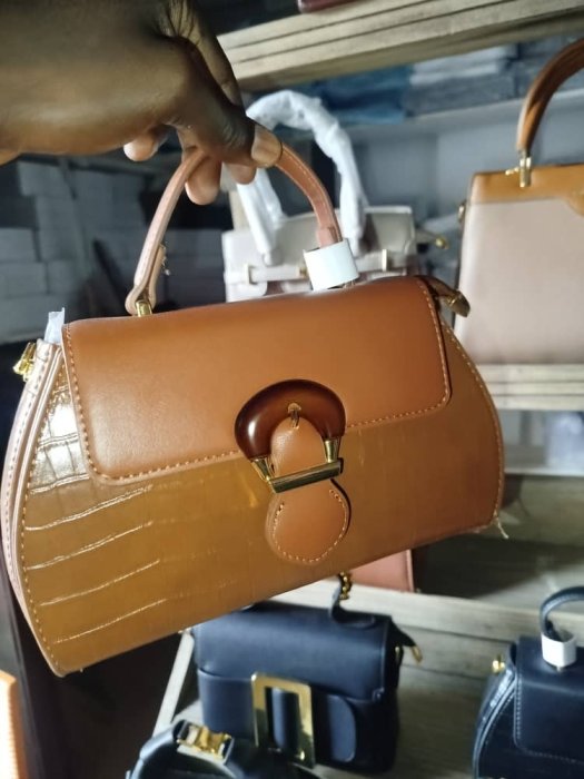 Brown Leather Satchel with Crocodile-Embossed Accents