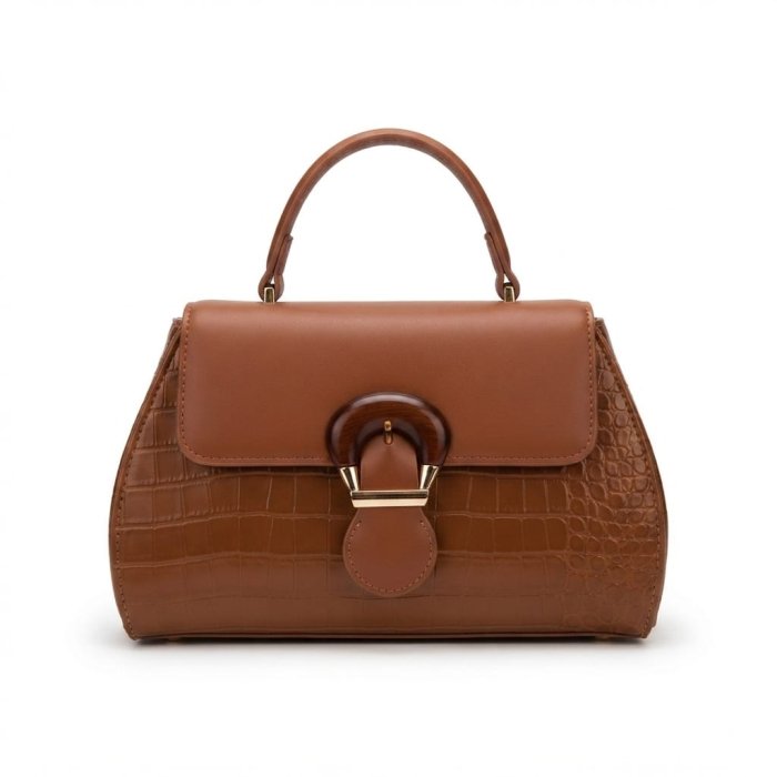 Brown Leather Satchel with Crocodile-Embossed Accents