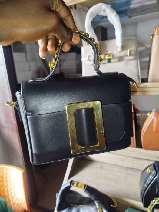 F&S FASHION Black Structured Handbag with Gold Buckle