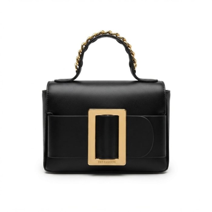F&S FASHION Black Structured Handbag with Gold Buckle