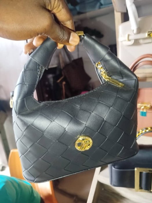 Black Woven Hobo Bag with Gold Logo Emblem