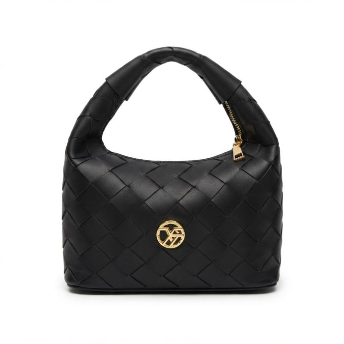 Black Woven Hobo Bag with Gold Logo Emblem