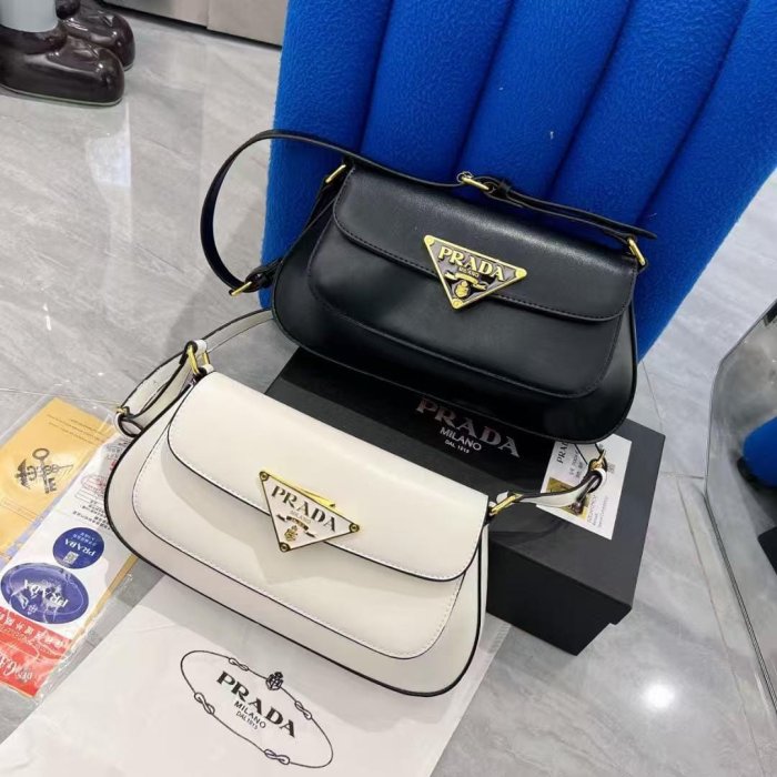 Prada Cleo Brushed Leather Shoulder Bag (Black)