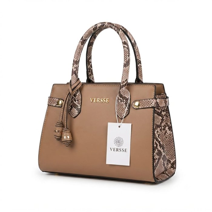 Versse Tan Structured Top-Handle Handbag with Snakeskin Accents
