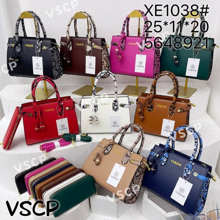 Versse Tan Structured Top-Handle Handbag with Snakeskin Accents