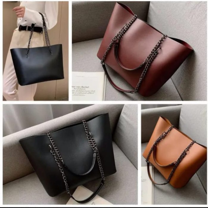 Black Leather Tote Bag with Chain Straps