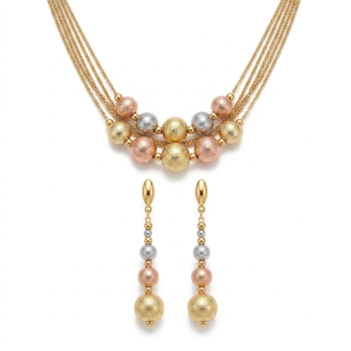 DM Tricolor Textured Bead Necklace and Drop Earring Jewelry Set