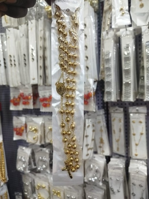 Stainless Steel Gold Beaded Rosary Necklace
