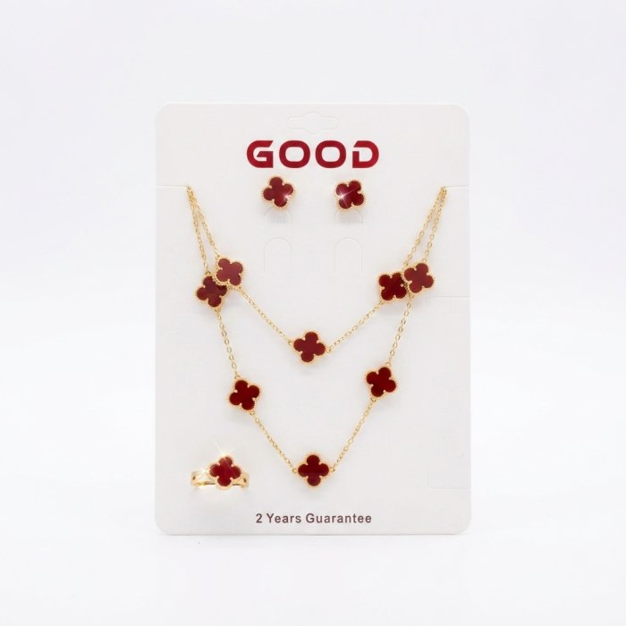GOOD Gold-Tone Red Four-Leaf Clover Jewelry Set (Necklace, Earrings, Ring)