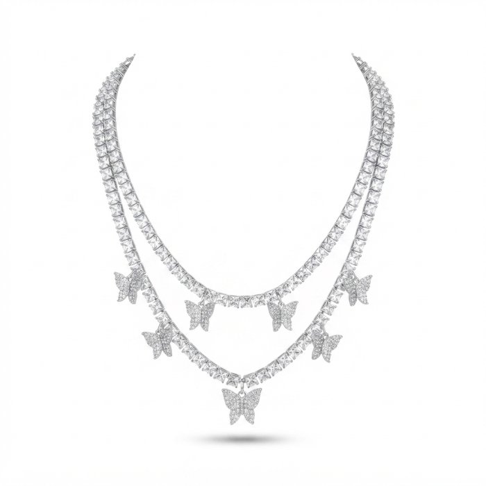 Silver-Tone Layered Butterfly Tennis Necklace