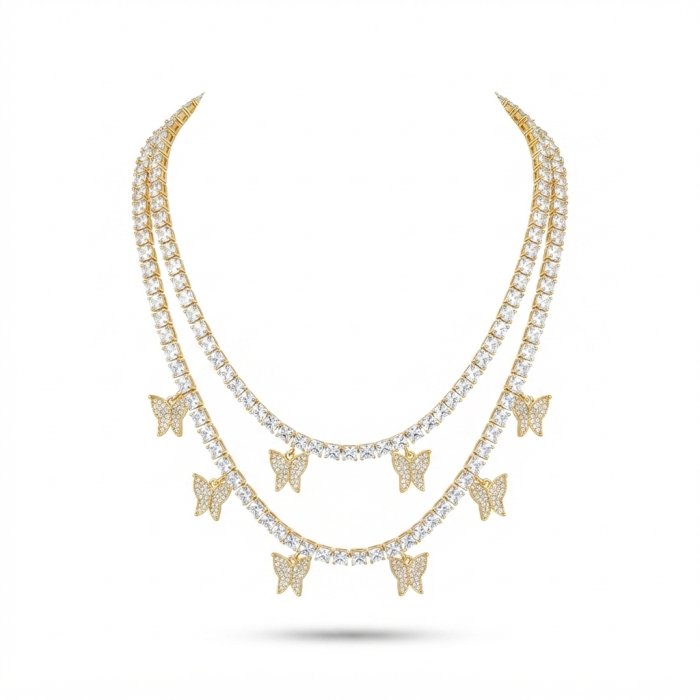 Gold-Tone Layered Butterfly Tennis Necklace
