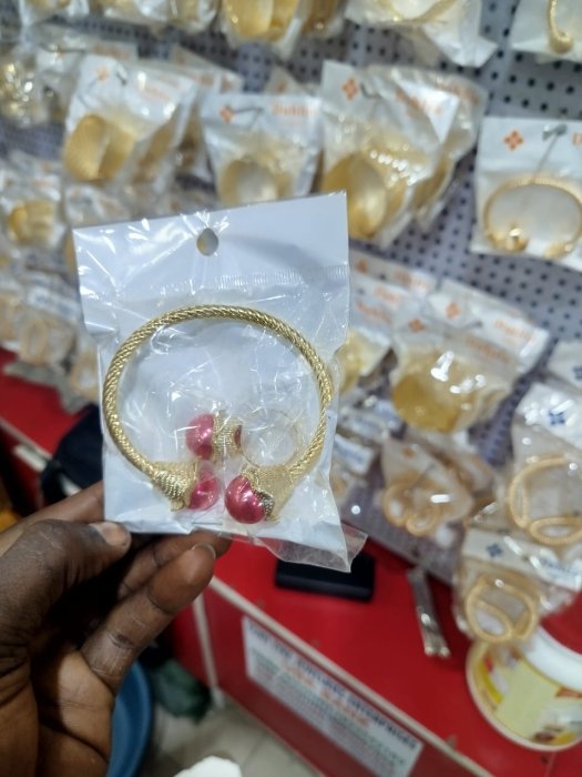 Gold-Tone Woven Cuff Bracelet with Pink Pearl-Like Spheres and Ring