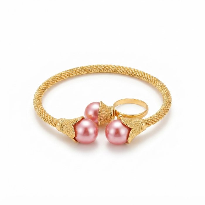 Gold-Tone Woven Cuff Bracelet with Pink Pearl-Like Spheres and Ring