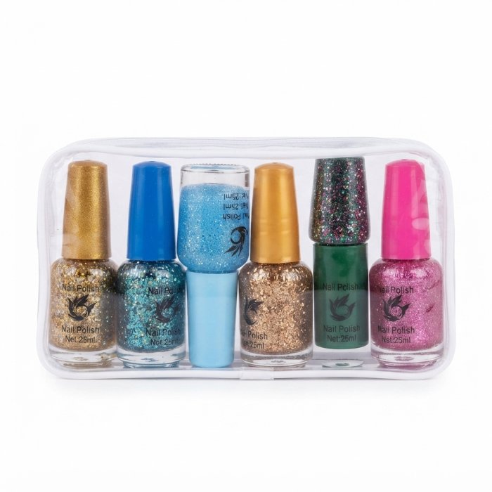 Glitter Nail Polish Set in Clear Pouch - 6 Assorted Colors