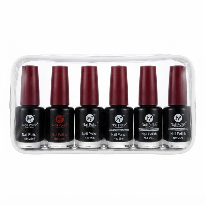 Black Nail Polish Set in Clear Pouch - 6 Bottles (25ml Each)