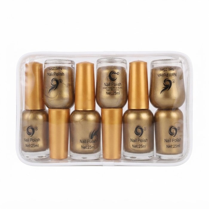 Metallic Gold Nail Polish Set in Clear Pouch - 6 Bottles (25ml Each)