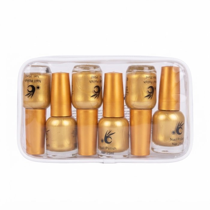 Metallic Gold Nail Polish Set in Clear Pouch - 6 Bottles (25ml Each)