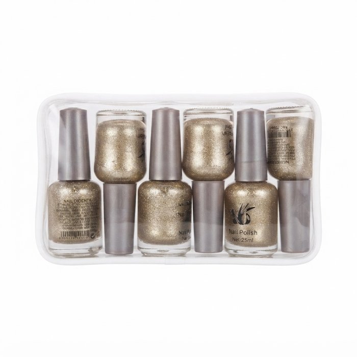 Glitter Gold Nail Polish Set in Clear Pouch - 6 Bottles (25ml Each)