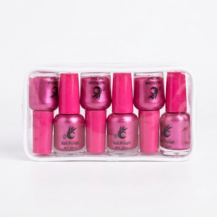 Hot Pink Nail Polish Set in Clear Pouch - 6 Bottles (25ml Each)