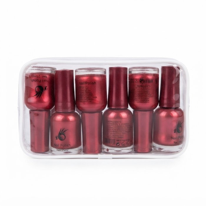 Metallic Red Nail Polish Set in Clear Pouch - 6 Bottles (25ml Each)