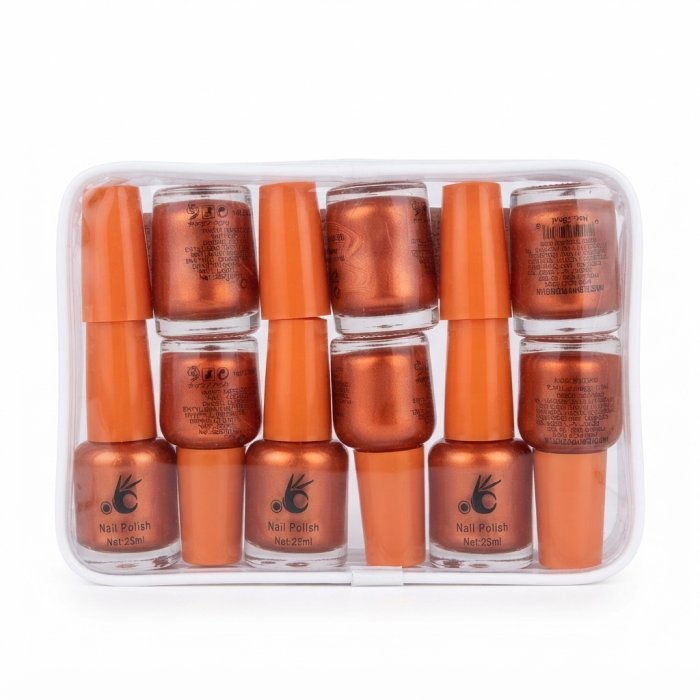Metallic Orange Nail Polish Set in Clear Pouch - 6 Bottles (25ml Each)