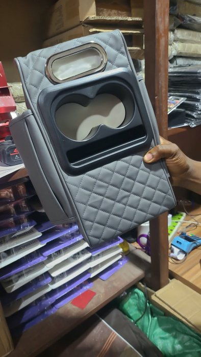 Grey Quilted Car Console Organizer with Dual Cup Holders