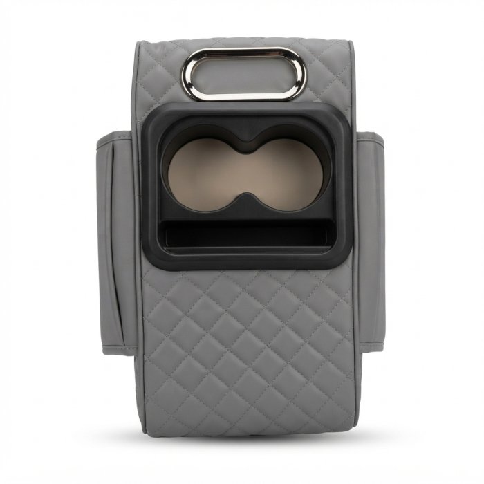 Grey Quilted Car Console Organizer with Dual Cup Holders