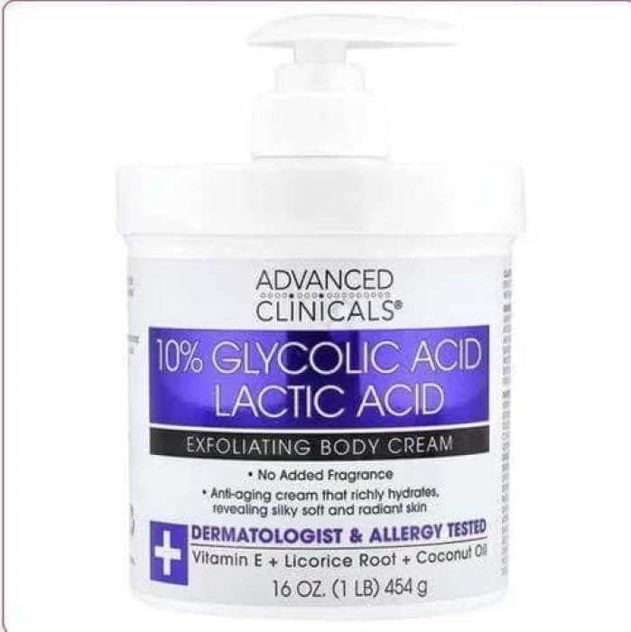 Advanced Clinicals 10% Glycolic Acid + Lactic Acid Exfoliating Body Cream - 16 OZ. (1 LB) 454 g