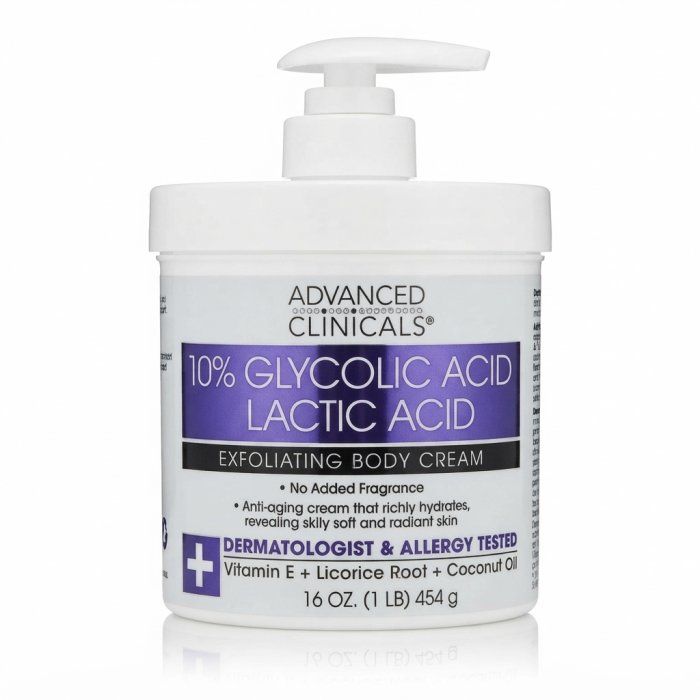 Advanced Clinicals 10% Glycolic Acid + Lactic Acid Exfoliating Body Cream - 16 OZ. (1 LB) 454 g