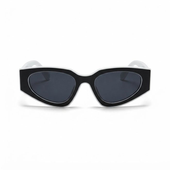 Geometric Black and White Cat-Eye Sunglasses with Dark Lenses