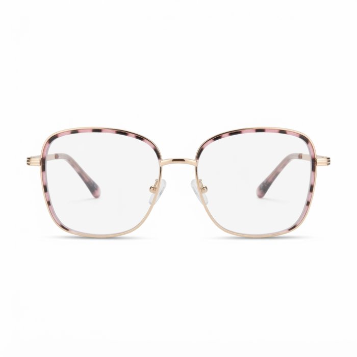 Square-Round Metal Eyeglasses with Pink Tortoiseshell Accents