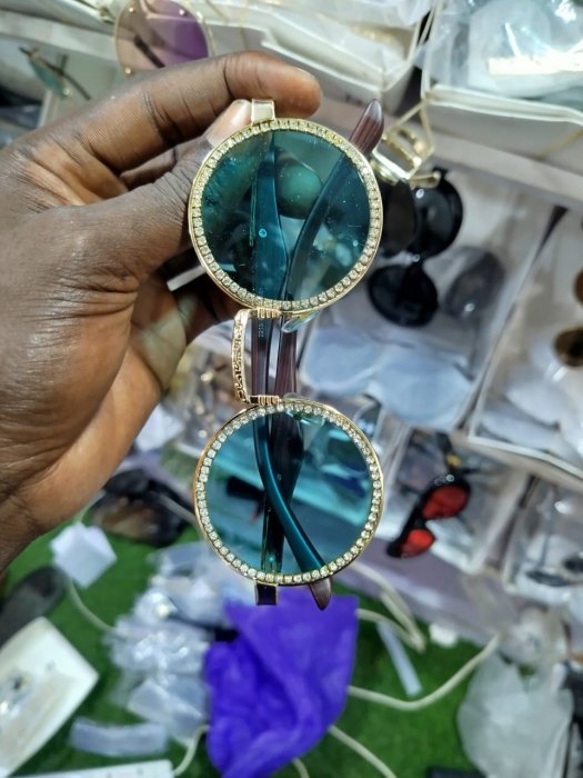 Rhinestone-Encrusted Round Gold-Tone Sunglasses with Teal Lenses