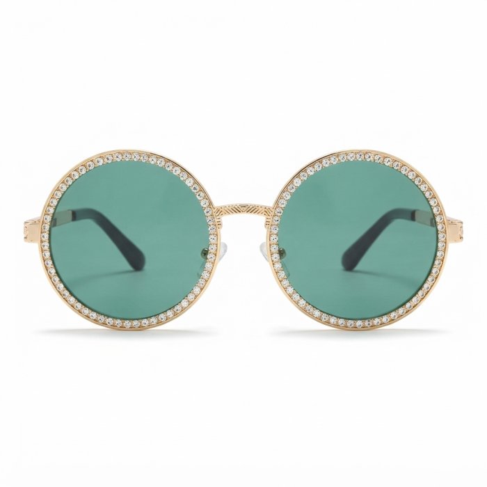 Rhinestone-Encrusted Round Gold-Tone Sunglasses with Teal Lenses