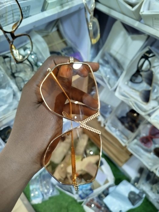 Geometric Gold-Tone Sunglasses with Brown Gradient Lenses and Crystal Accents