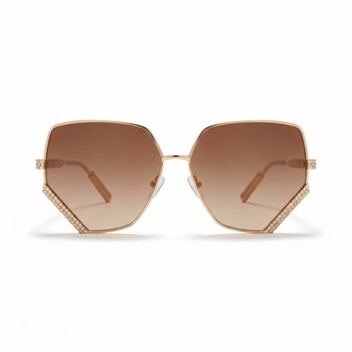 Geometric Gold-Tone Sunglasses with Brown Gradient Lenses and Crystal Accents